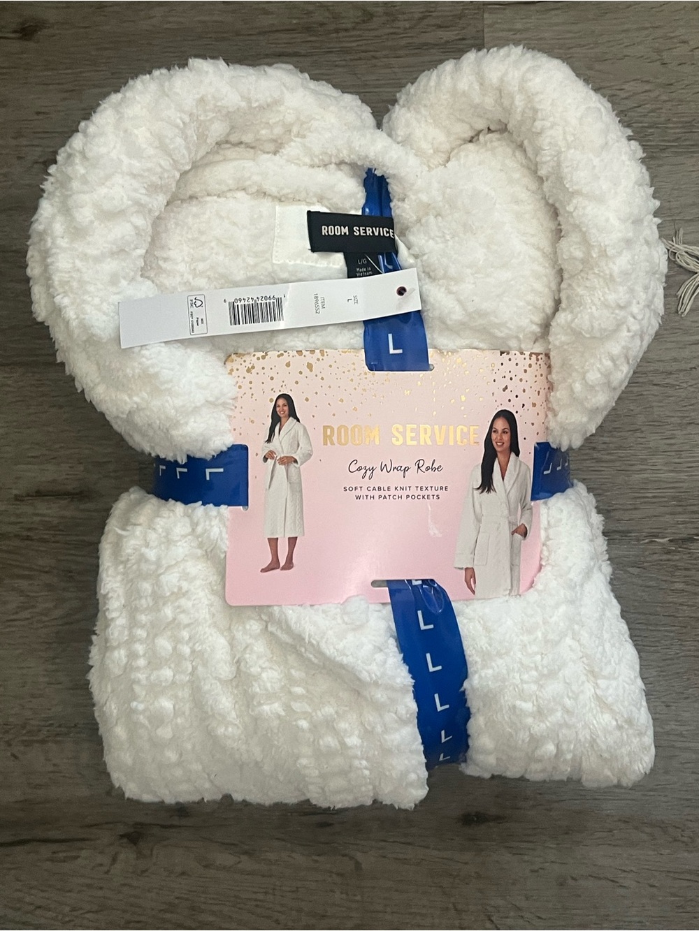 Room Service Cozy Soft Cable Knit Wrap Robe - White  Size Large NWT